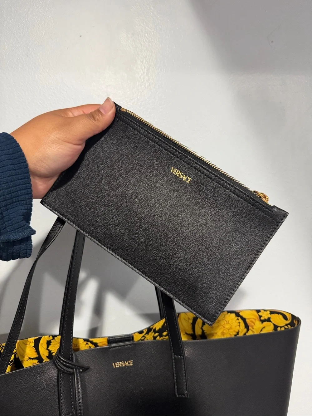 Versace Black Leather Tote Bag with Signature Yellow Print Lining - Picture 2 of 5